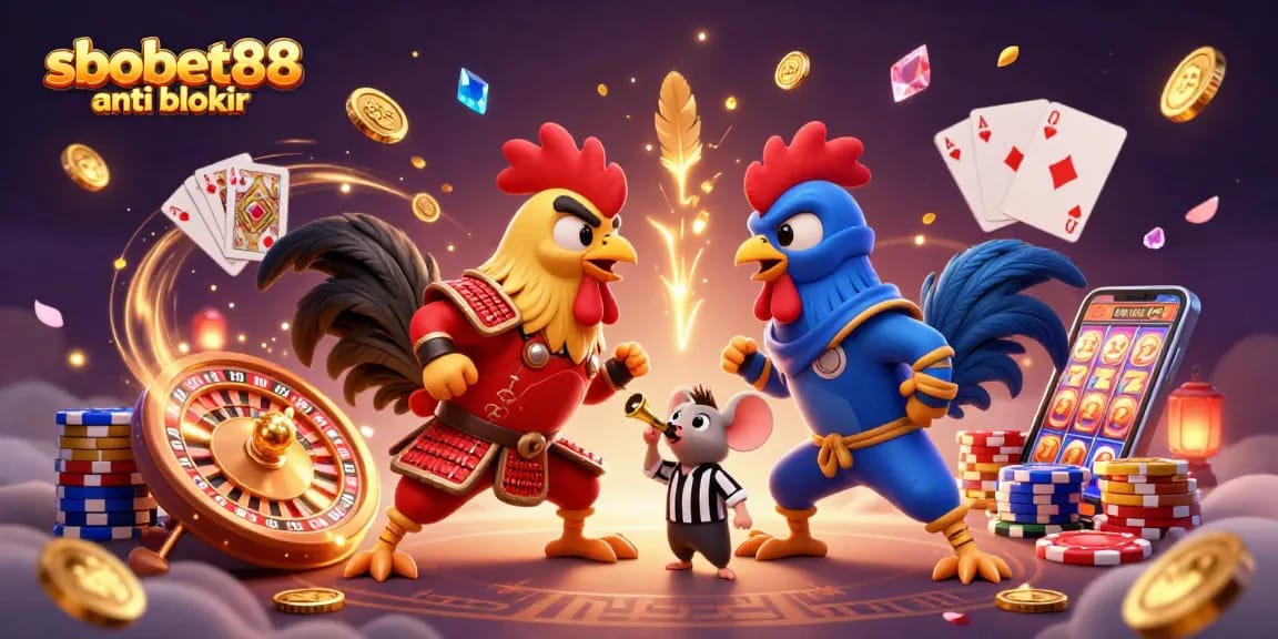 Engage in thrilling moments with sbobet88 anti blokir featuring unique fighting roosters amidst casino elements.