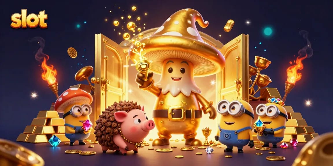 Engage in slot gameplay excitement with a magical scene filled with treasures and characters.