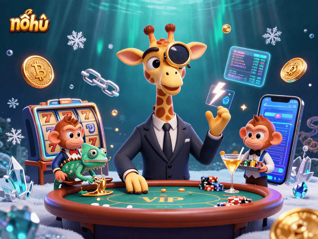 Spin the reels and win with nổ hũ at the vibrant casino, featuring animated characters and crypto elements.