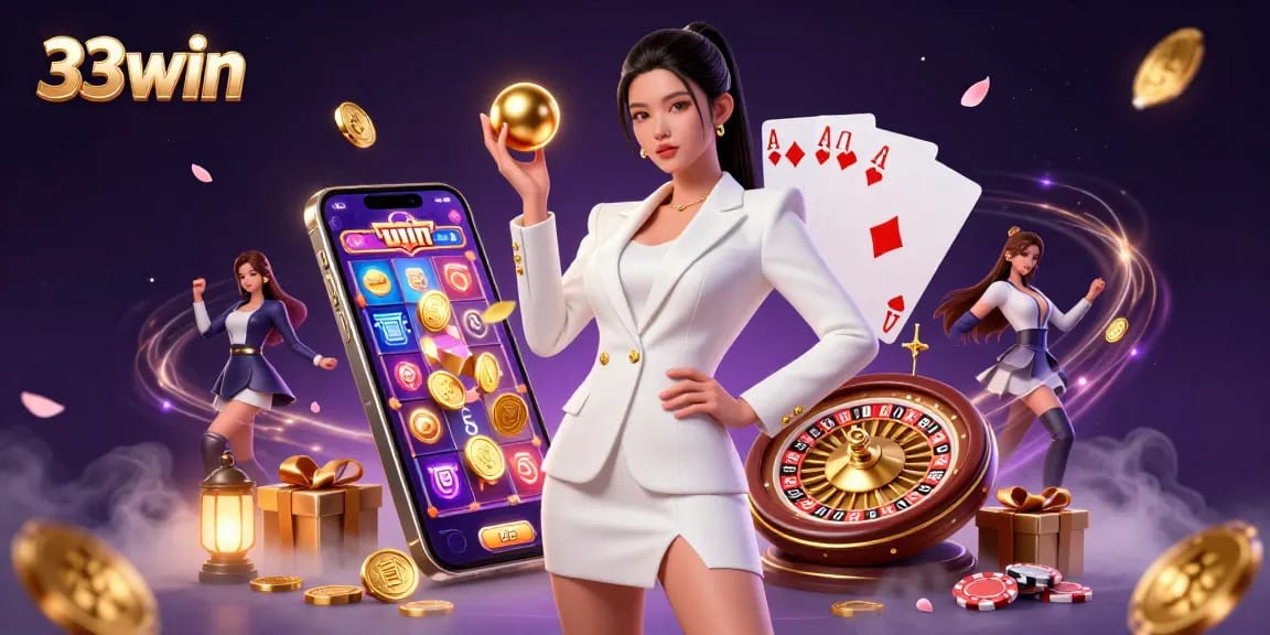 Experience the thrill of 33win casino with vibrant slot games and luxurious casino elements.