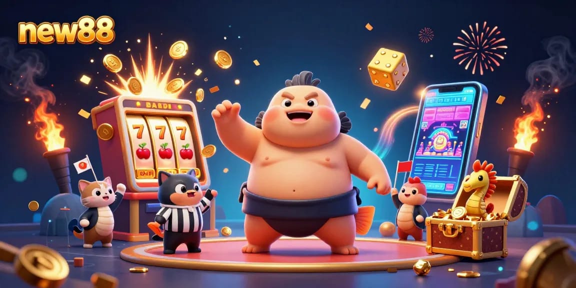Win jackpot at new88 with a vibrant 3D casino scene featuring fugu, catfish, and slot machine