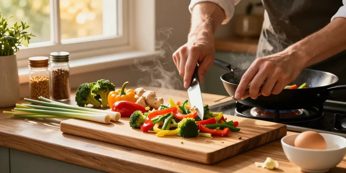 Cooking delicious vegetable stir-fry with fresh ingredients, showcasing the health benefits of สล็อตเว็บตรง.