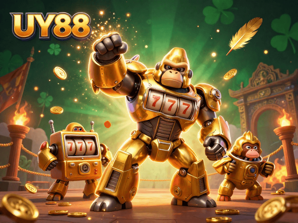 Experience thrilling action at UY88 with a golden gorilla mech smashing through coins in vibrant 3D!