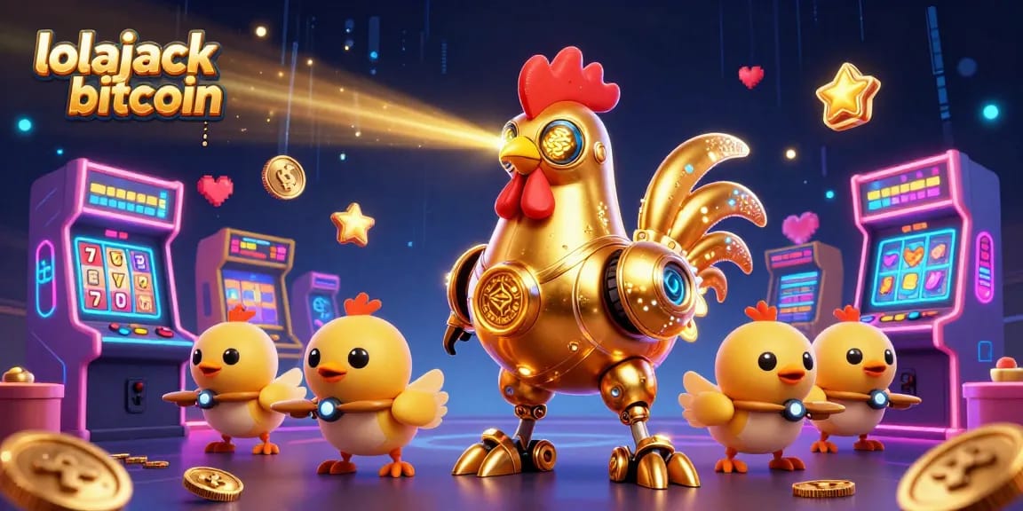 Engage with the thrilling lolajack bitcoin scene featuring a golden rooster robot surrounded by a casino-inspired arcade.