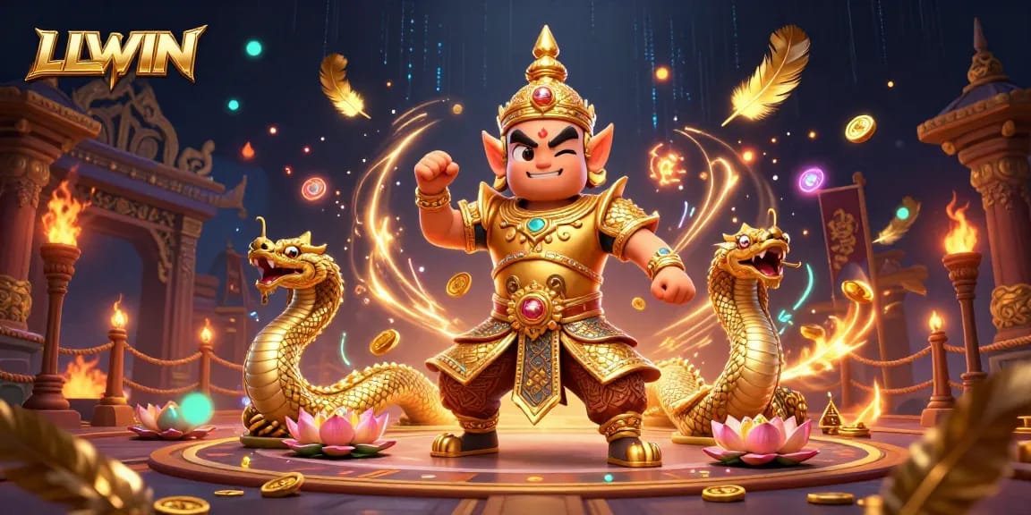LLWIN captivates with a vibrant scene of a Thai guardian and Naga companions amidst gold coins and dynamic casino elements.