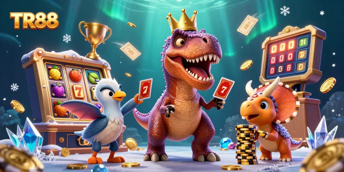 TR88 engages players with a thrilling scene featuring a T-Rex shuffling cards amidst casino elements