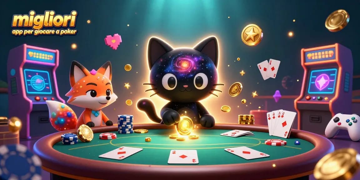Immagine delle migliori app per giocare a poker con una gattina nera gravitazionale e un volpe nebulosa in un tavolo da poker cosmico.