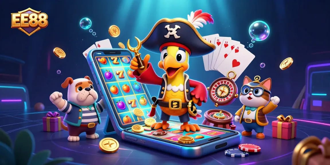 Join the thrilling action with EE88, featuring vibrant slot reels, golden coins, and playful casino characters.
