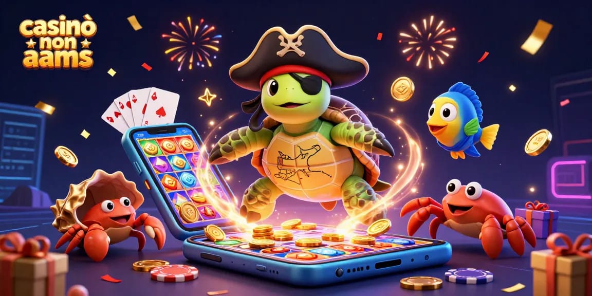 Casinò non AAMS: esplora giochi d'azzardo interattivi con tartaruga pirata e tesoro scomparso.