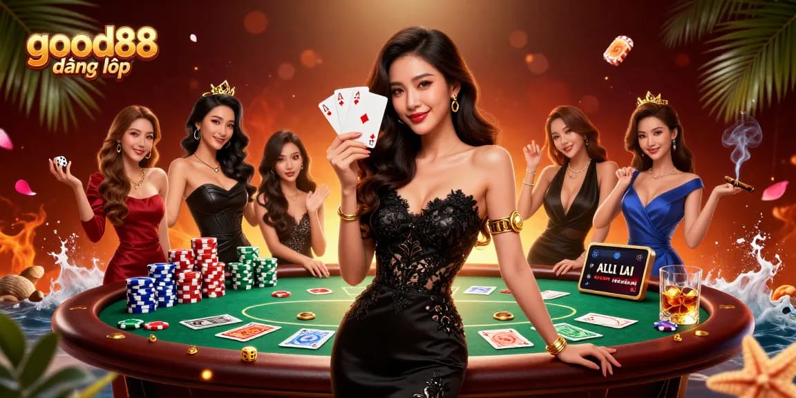 Play winning hands at good88 đăng nhập with an elegant Asian woman in a luxury casino setting, showcasing poker elements.
