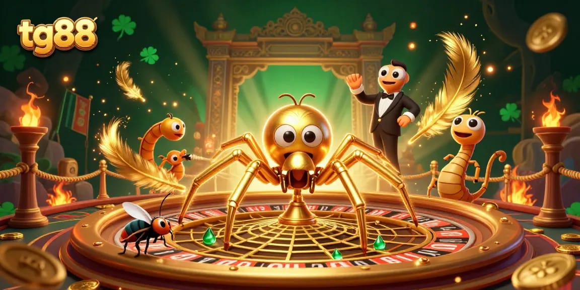 Experience the thrill of tg88 with a golden spider spinning a roulette wheel web, enhancing your betting adventure.