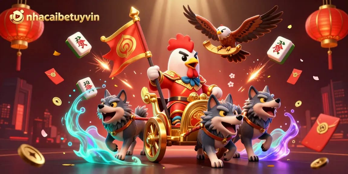 Engage with nhacaibetuytin's vibrant casino scene featuring a rooster warlord and gold elements in action.