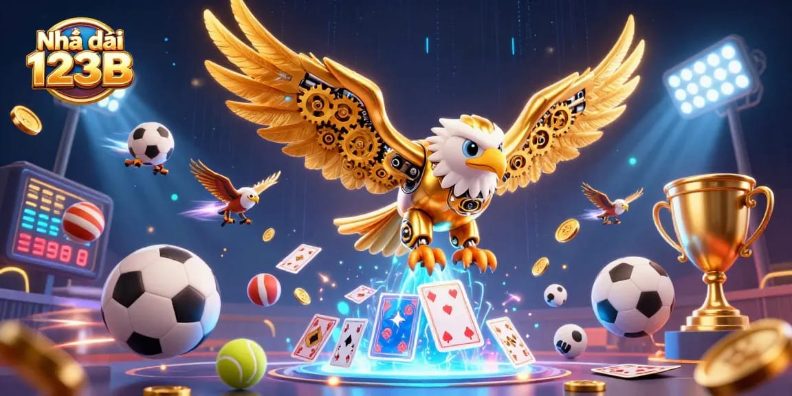 Engage with Nhà cái 123B as a golden eagle dives through casino elements and holographic cards.
