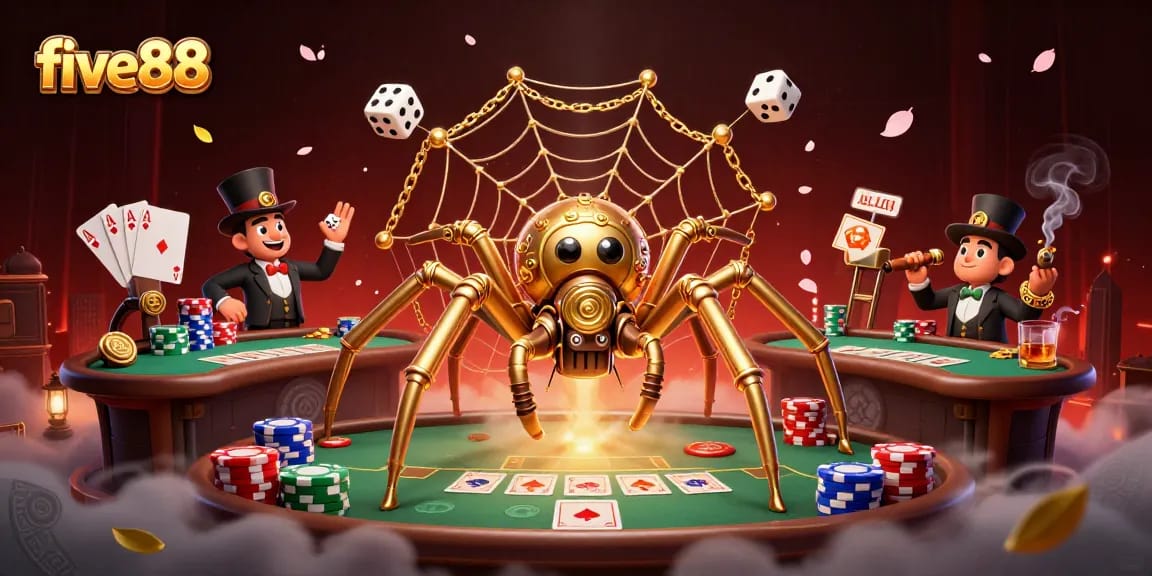 Experience the thrill of five88 with a steampunk spider in a dynamic poker scene.
