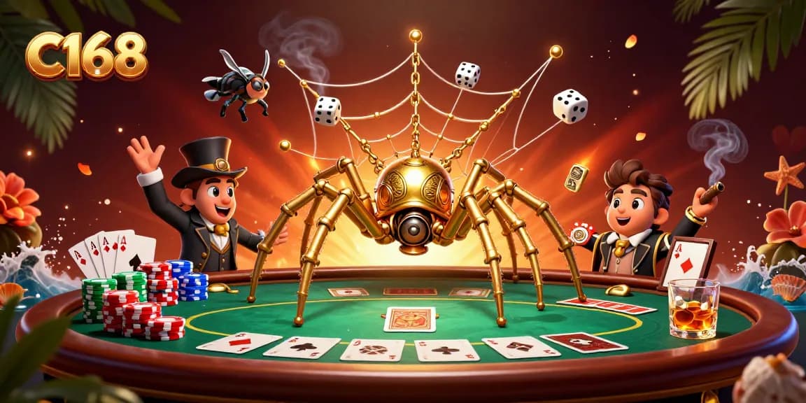 C168 captivates with a steampunk spider and fly gentleman caught in a gold chain web at a lively poker table.