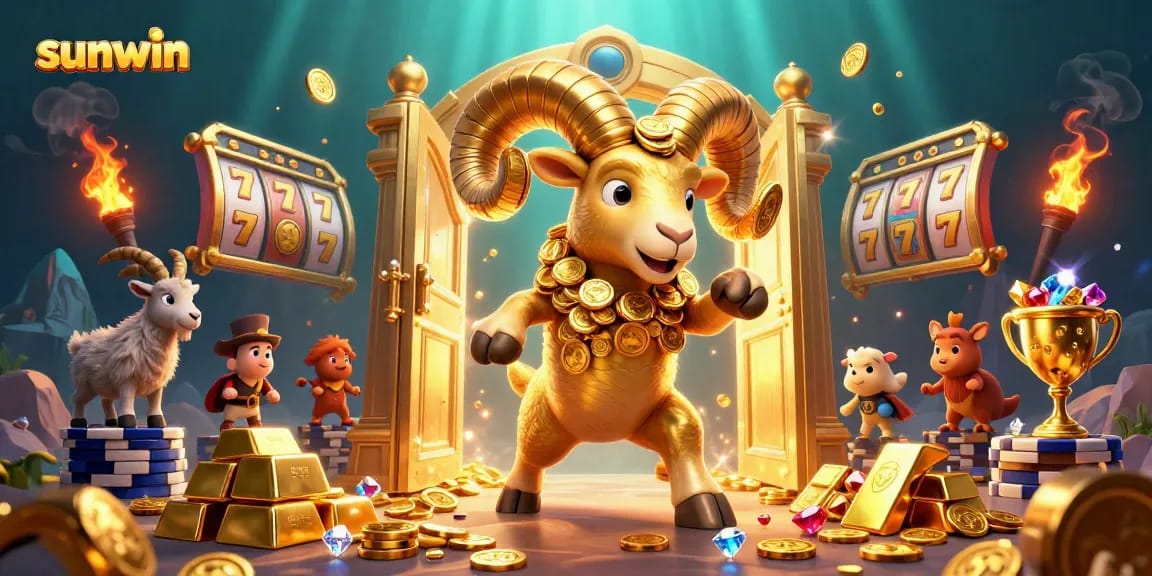 Experience thrilling gameplay at sunwin with a 3D illustration of a golden ram charging through a dazzling casino vault.