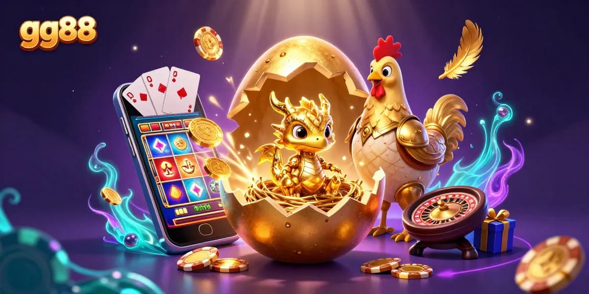 Experience the excitement of gg88 with a dynamic casino scene featuring a golden dragon on poker chips.