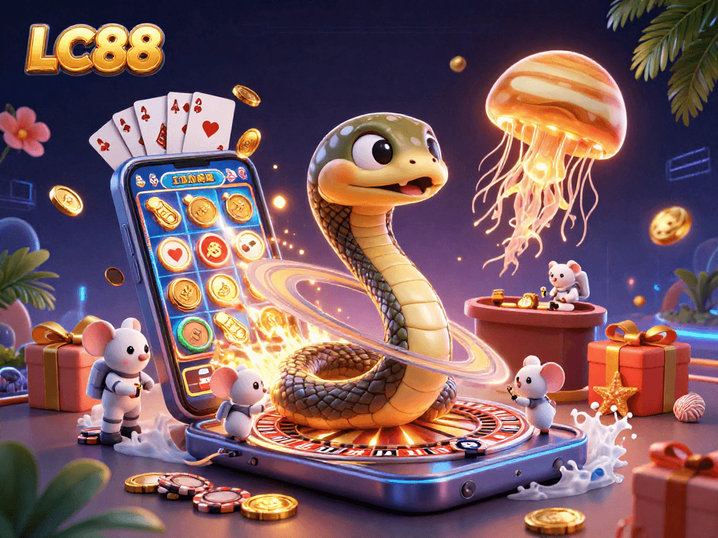 LC88 players betting in a cosmic casino scene with a Saturn ring roulette wheel and fun elements.