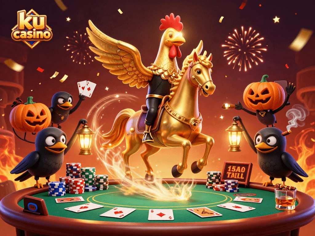 ku casino visualizes exciting poker action with a golden rooster and crows in a vibrant casino