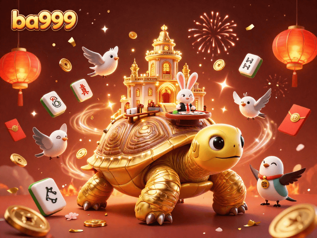 Experience the thrill of winning at ba999 with a vibrant 3D casino scene featuring a golden tortoise and a rabbit dealer.