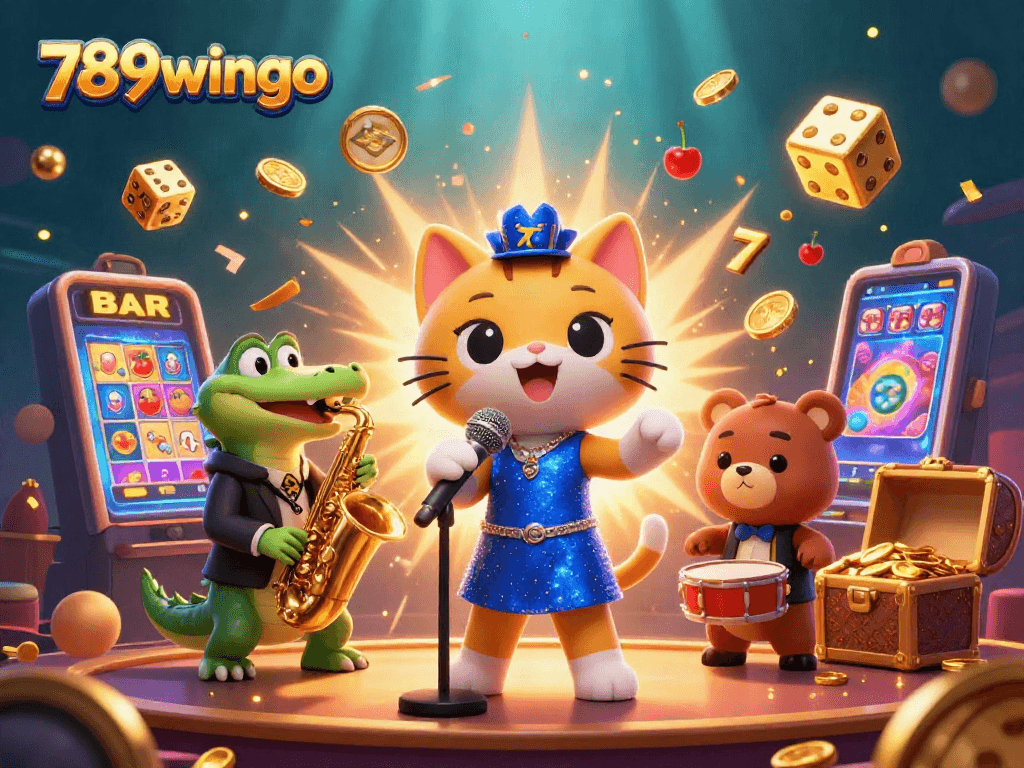 Join the excitement at 789wingo with vibrant slots and jazz at this playful casino scene.