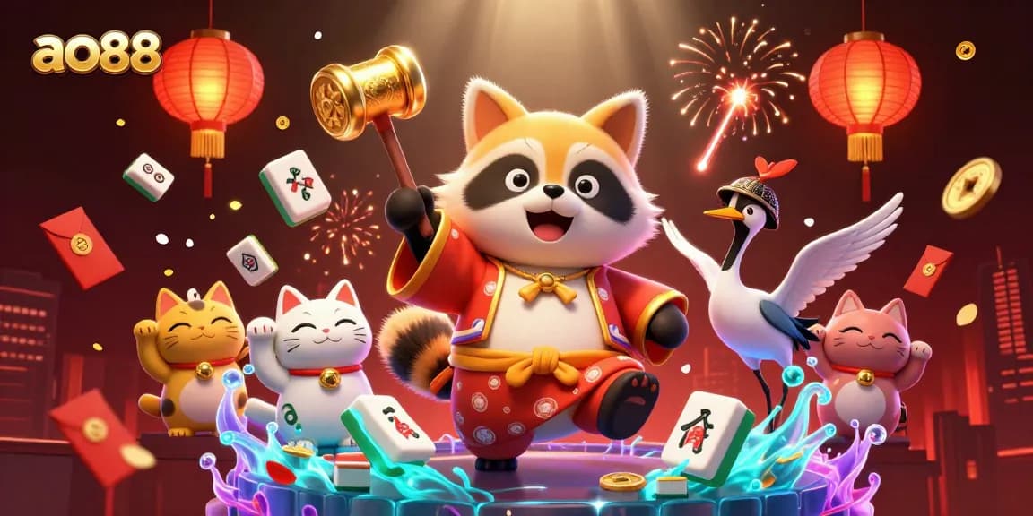 Spin the reels and win big with ao88 in a vibrant, festive 3D casino scene filled with rich details.