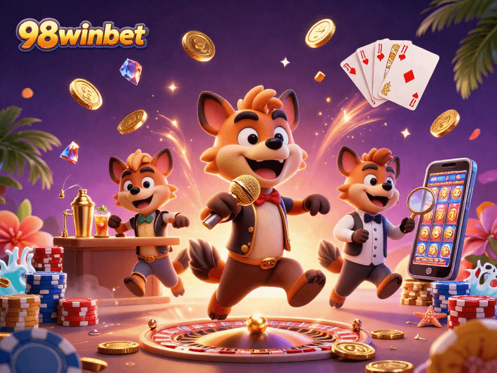 Experience 98winbet's vibrant casino atmosphere with comedic hyenas, golden coins, and captivating gaming elements