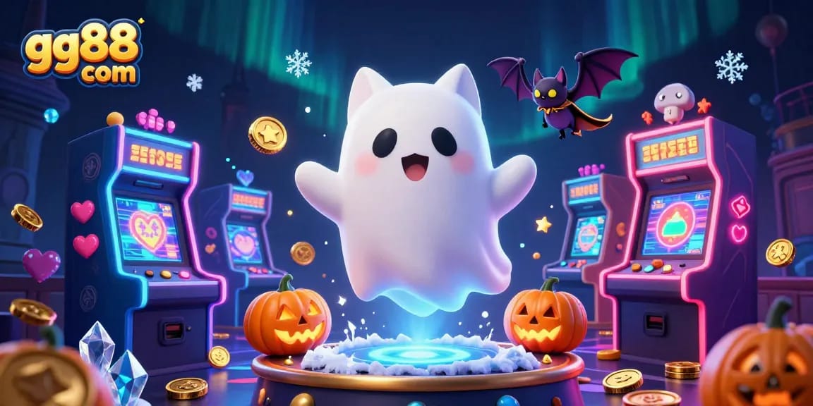 Experience exciting wins with gg88 com at a vibrant haunted casino with a friendly ghost cat.