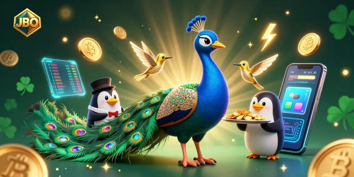 Experience JBO with a vibrant peacock and butler penguin amidst tokens and digital elements.