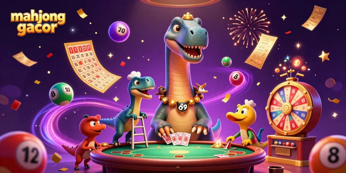 Engage with mahjong gacor gameplay amidst animated casino fun featuring vibrant characters.