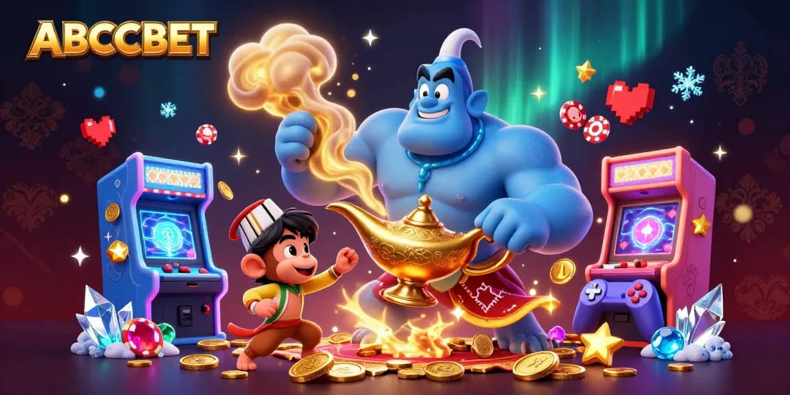 Play with excitement at ABCBET, featuring a genie, monkey, and poker chips in a vibrant casino illustration.