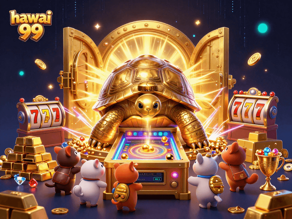 Experience the excitement of hawai 99 with a vibrant 3D casino scene featuring golden treasures and slot machines.