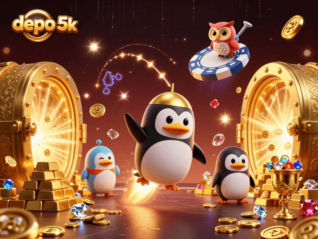 Experience the thrill of depo 5k with a golden penguin blasting coins in this vibrant casino illustration.