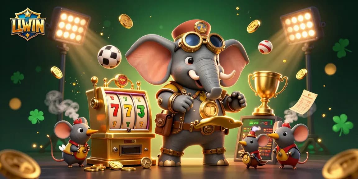 LLWIN steampunk elephant operates a golden slot machine amid a dynamic casino scene.