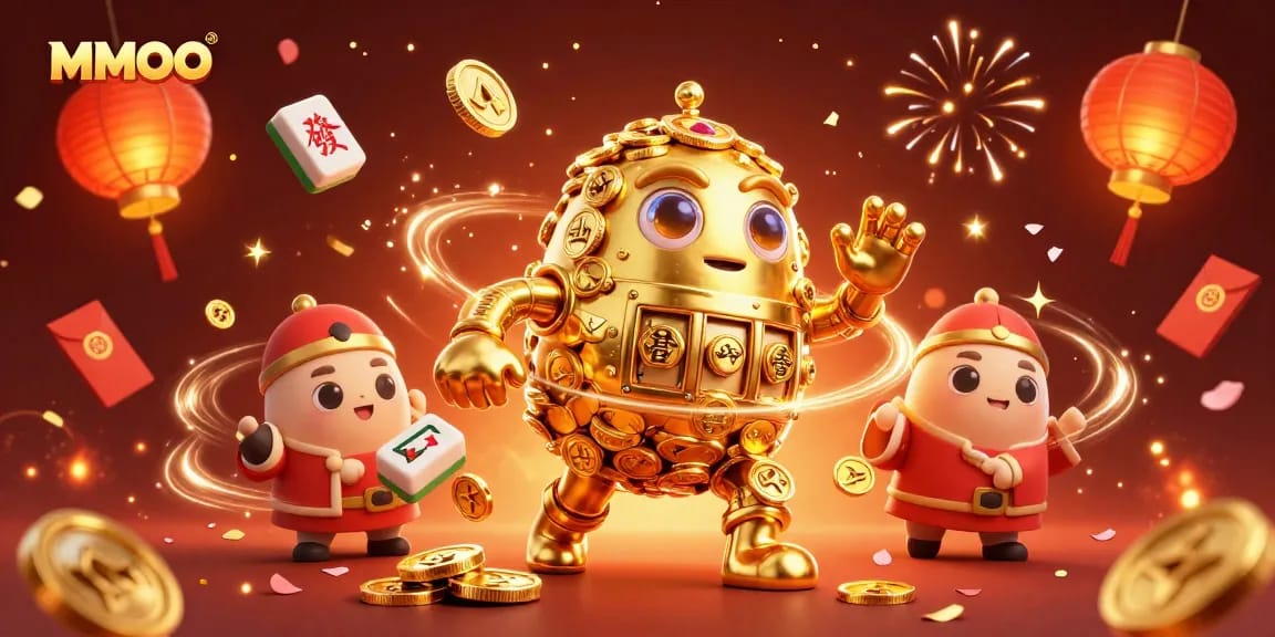Engage with MMOO's thrilling gaming scene featuring a golden golem and festive elements.