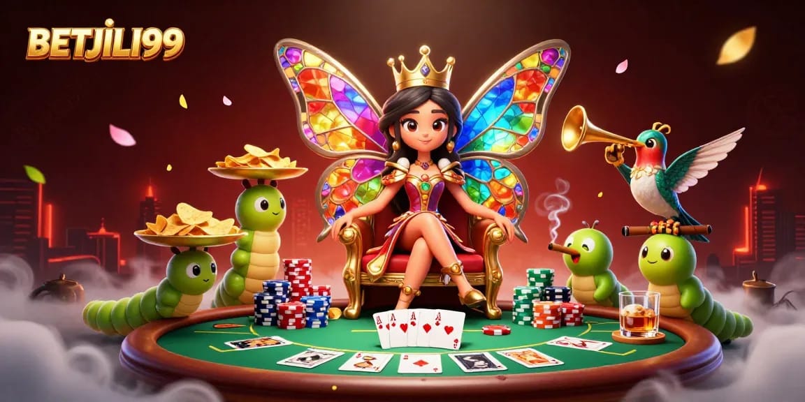 Engage with BETJILI99 in this vibrant casino scene featuring colorful characters and dynamic gaming elements.