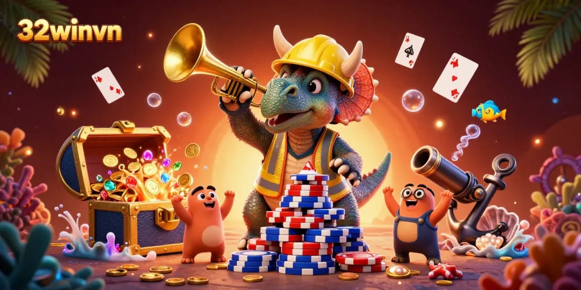 Engage in fun with 32winvn's vibrant casino scene showing a triceratops building poker chips amidst celebratory characters.