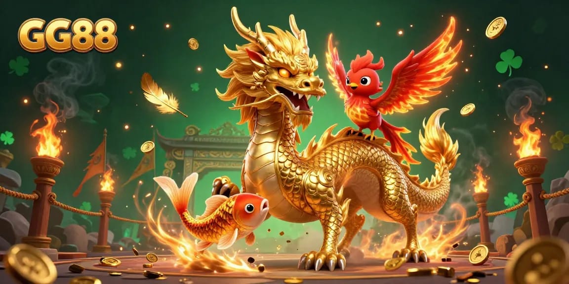 Experience thrilling GG88 gaming with a golden dragon, phoenix, and koi fish amidst vibrant action.