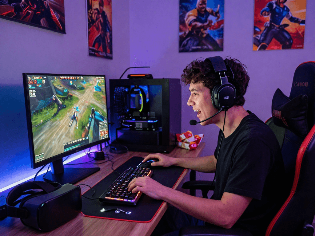 BTV168 gaming setup with a player focused on competitive gameplay, modern accessories, and vibrant atmosphere.