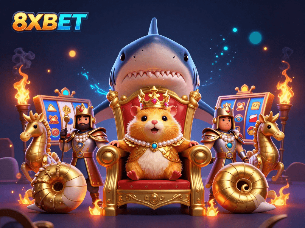 Engage with 8XBET in a vibrant 3D casino scene with a golden hamster king and exciting game elements.