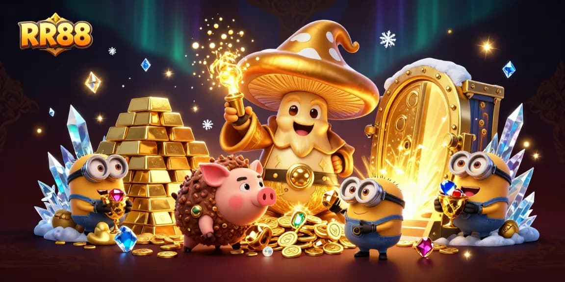 Experience the magic of RR88 with golden treasures and magical characters in this vibrant illustration.