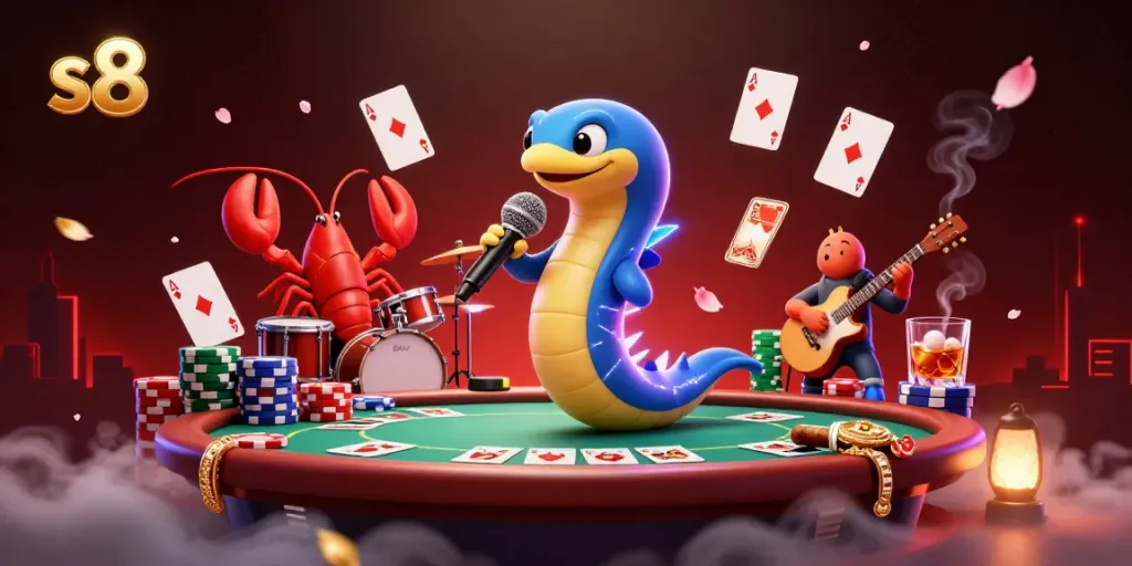 Experience gaming thrill in s8's underwater casino with vibrant characters and poker elements.