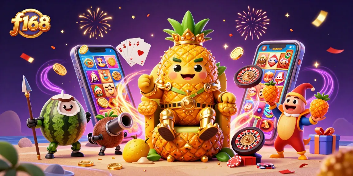Experience thrilling games with f168's vibrant casino characters in a colorful celebratory setting.