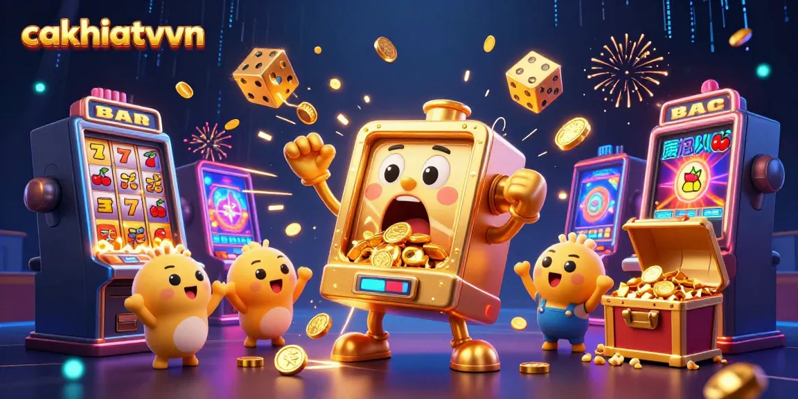 Experience thrilling gameplay with cakhiatvvn's lively slot machines celebrating jackpots in a vibrant casino scene.