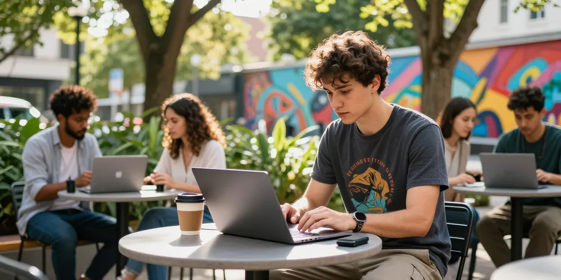 Motchill digital nomad working in an urban co-working park, laptop open, vibrant atmosphere.