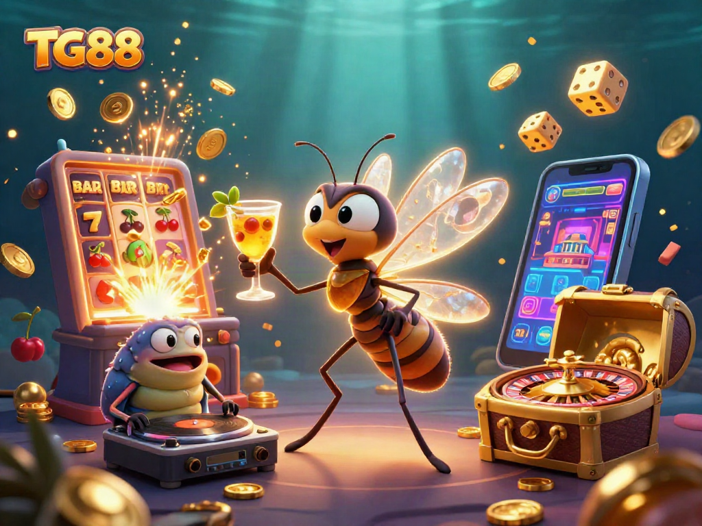 Engage with TG88 at a vibrant casino scene featuring characters and dynamic gaming elements.