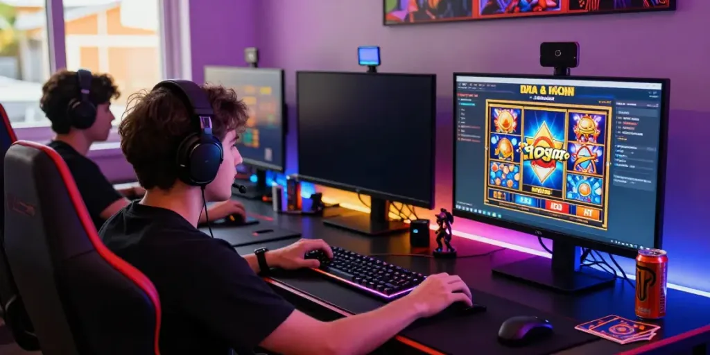 Player engaged in gaming with colorful displays, featuring raja slot for an exciting online experience.