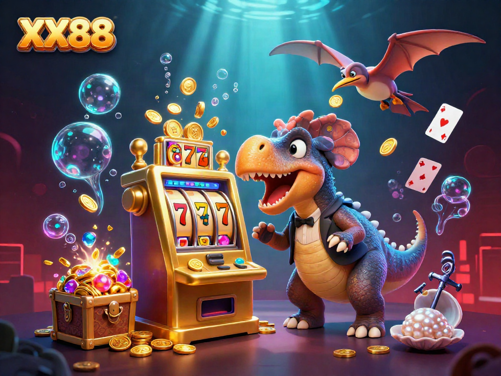 Experience the thrilling atmosphere of XX88 as a pachycephalosaurus hits a jackpot slot machine in this vibrant casino scene.