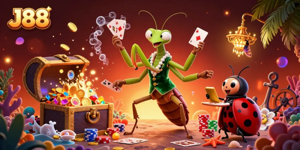 Experience thrilling gameplay at J88 with vibrant casino characters and rich treasures.