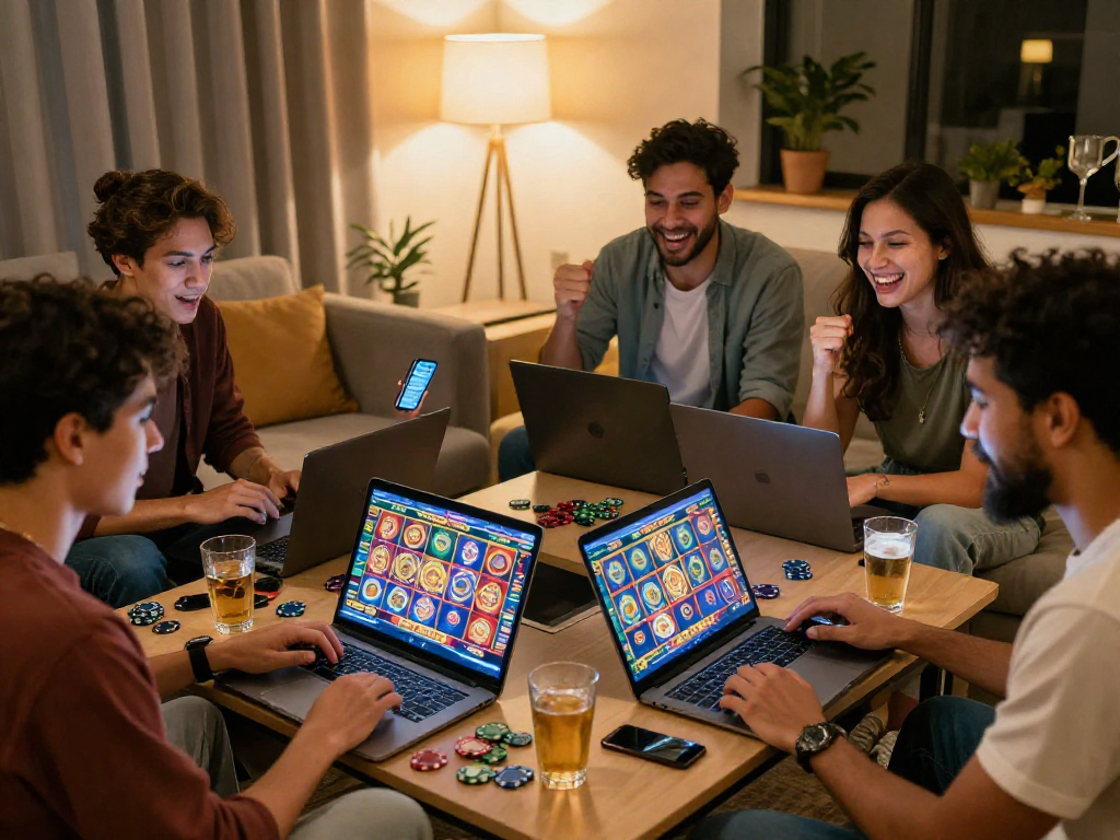 Friends enjoying judi slot games in a lively gaming atmosphere with vibrant screens and drinks